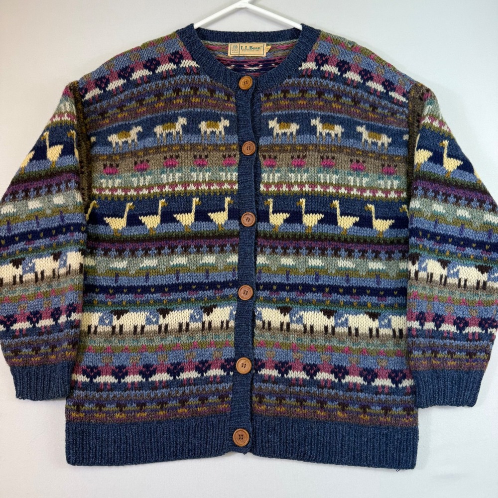 Vintage LL Bean Cardigan Sweater Womens S Blue Wool Fair Isle Sheep Goose EUC